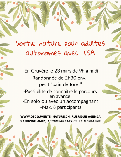 Image Sortie nature pour adultes autonomes avec TSA en Gruyère - COMPLET Image Sortie nature pour adultes autonomes avec TSA en Gruyère - COMPLET